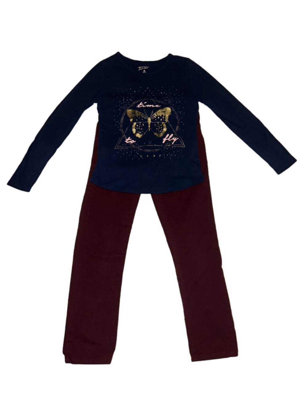 Arizona Jean Co Girls 2-Piece Slim Fit Pants Set 10/12 Burgundy Navy Butterfly